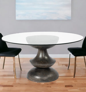 60" Clear And Brown Rounded Glass And Solid Manufactured Wood Pedestal Base Dining Table - Montana Home & Kitchen Co.