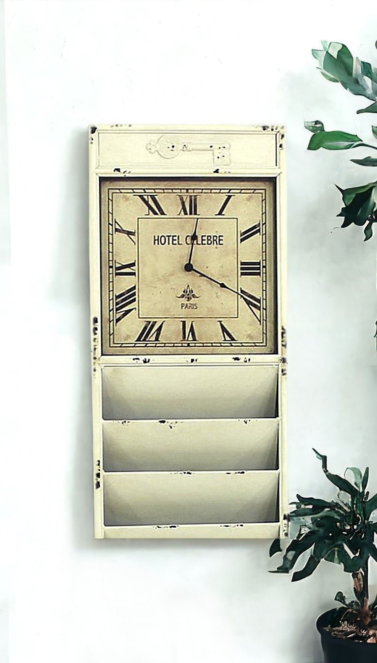 60" Off White Vintage Look Magazine Rack With Clock - Montana Home & Kitchen Co.