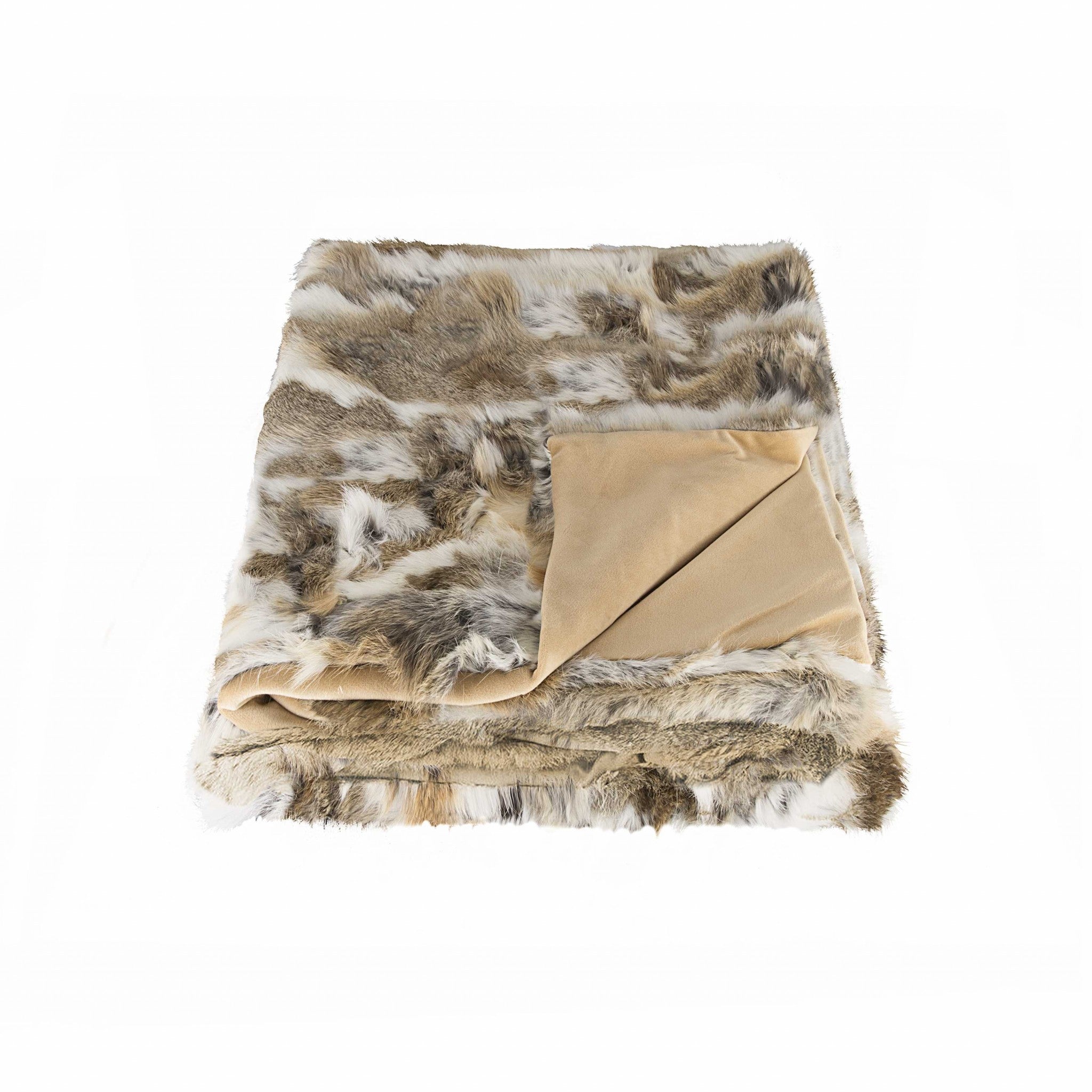 60" X 50" Tan Knitted Rabbit Fur Animal Print Throw Blanket - Montana Home & Kitchen Co.