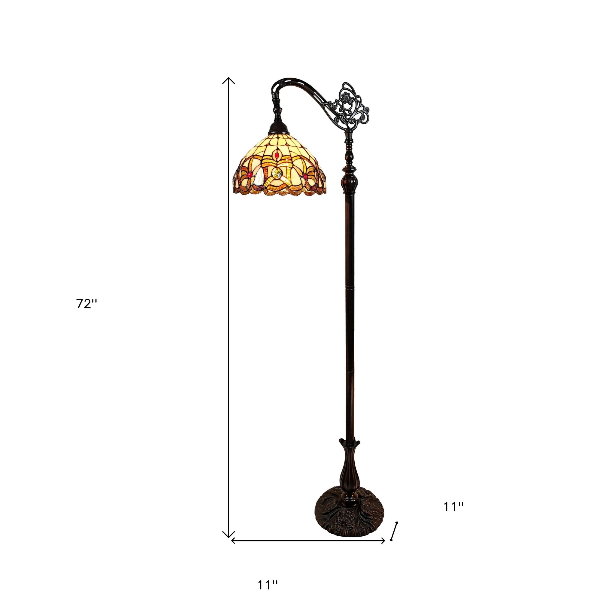 62" Brown Metal Arched Floor Lamp With Amber and Red Flowers Stained Glass Shade - Montana Home & Kitchen Co.