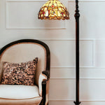 62" Brown Metal Arched Floor Lamp With Amber and Red Flowers Stained Glass Shade - Montana Home & Kitchen Co.