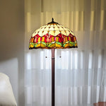 62" Brown Two Light Traditional Shaped Floor Lamp With Red Flowers Stained Glass Dome Shade - Montana Home & Kitchen Co.