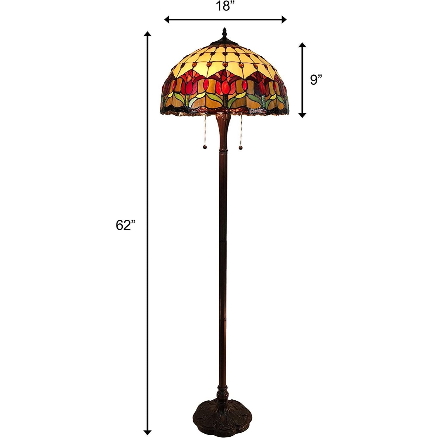 62" Brown Two Light Traditional Shaped Floor Lamp With Red Flowers Stained Glass Dome Shade - Montana Home & Kitchen Co.