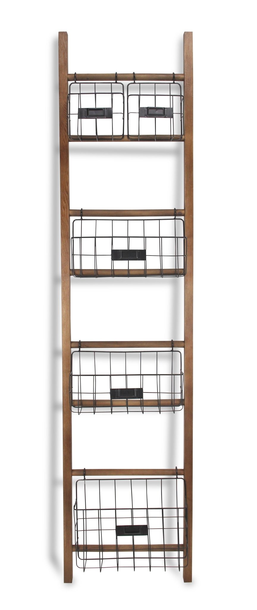 63" Natural and Black Wood And Metal Storage Shelf With Metal Baskets - Montana Home & Kitchen Co.