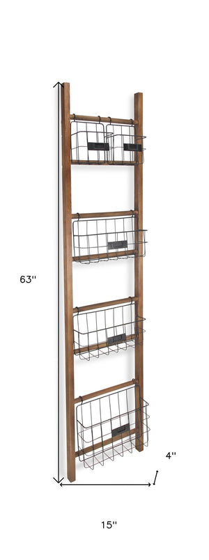 63" Natural and Black Wood And Metal Storage Shelf With Metal Baskets - Montana Home & Kitchen Co.