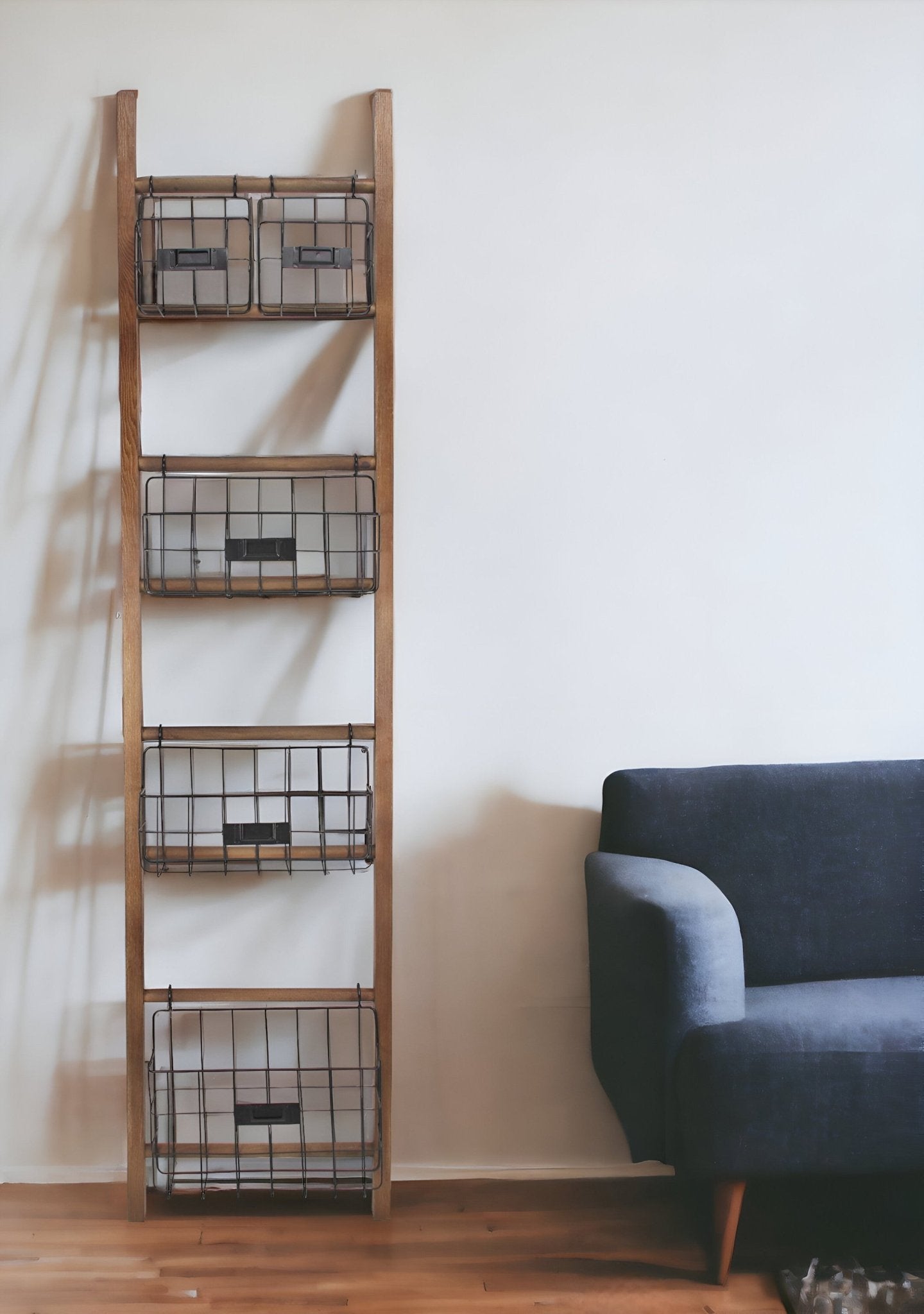 63" Natural and Black Wood And Metal Storage Shelf With Metal Baskets - Montana Home & Kitchen Co.