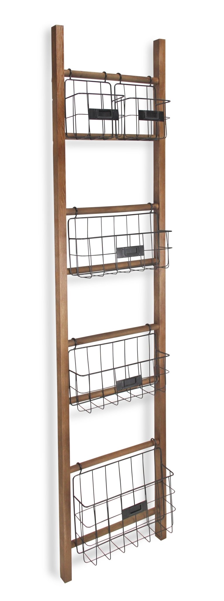 63" Natural and Black Wood And Metal Storage Shelf With Metal Baskets - Montana Home & Kitchen Co.