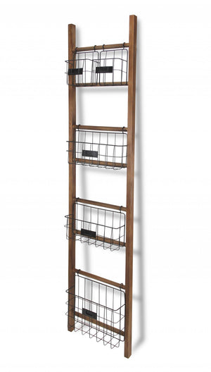 63" Natural and Black Wood And Metal Storage Shelf With Metal Baskets - Montana Home & Kitchen Co.