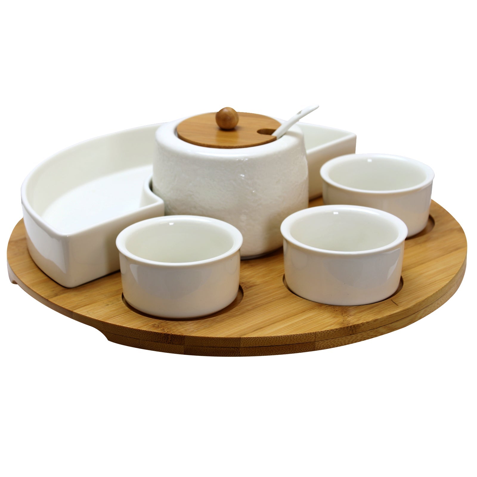 8 Piece Appetizer Serving Set with 4 Serving Dishes, Center Condiment Server, Spoon, and Bamboo Serving Tray - Montana Home & Kitchen Co.