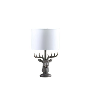 Antiqued Bronzed Stag Bust Table Lamp With White Drum Shade, 18" - Montana Home & Kitchen Co.