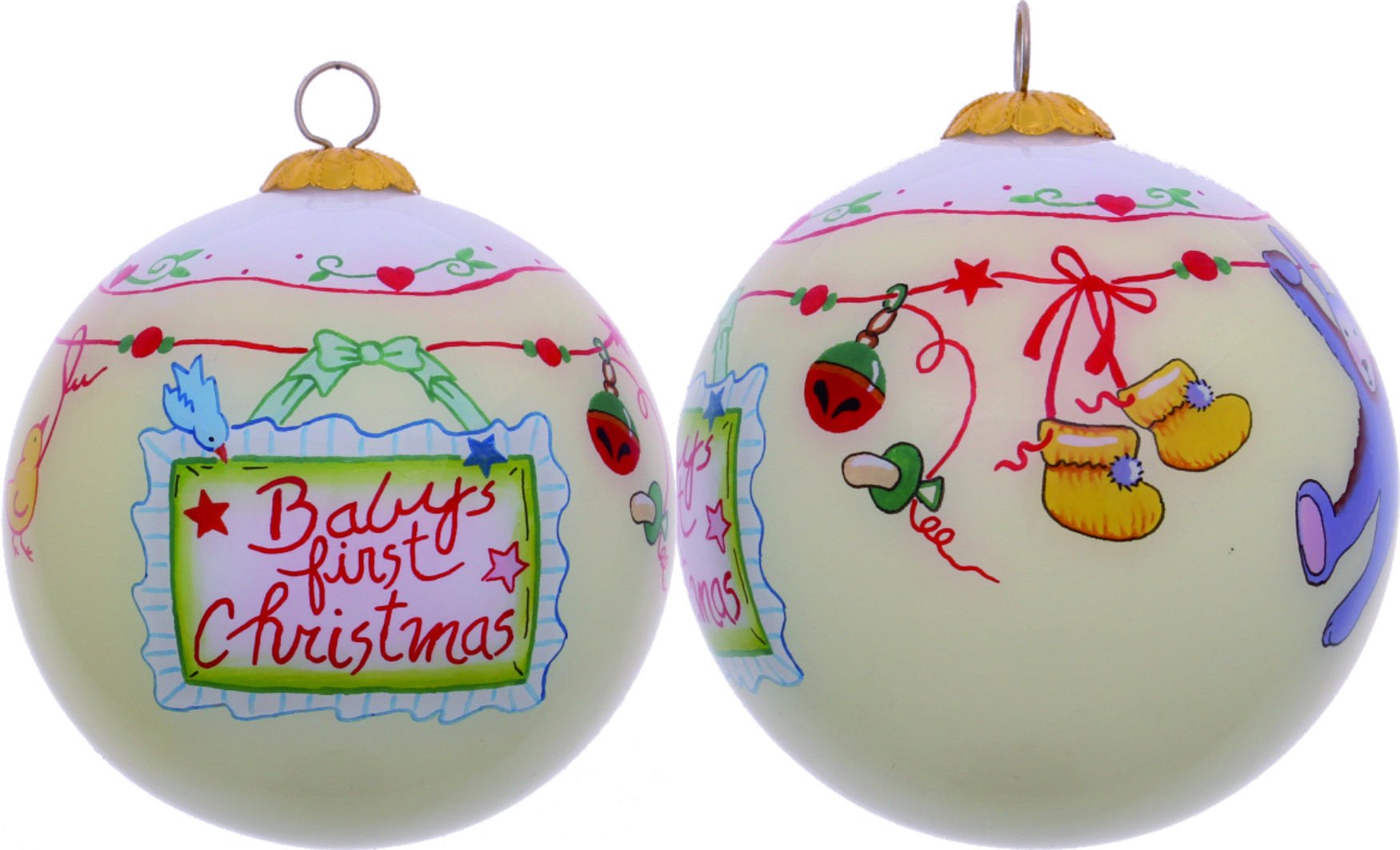 Baby's First Christmas with Motifs Hand Painted Mouth Blown Glass Ornament - Montana Home & Kitchen Co.