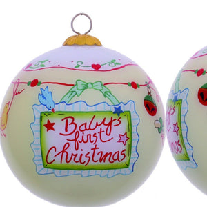 Baby's First Christmas with Motifs Hand Painted Mouth Blown Glass Ornament - Montana Home & Kitchen Co.