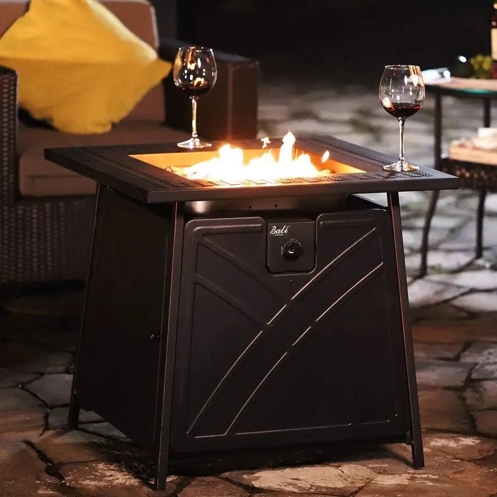 Bali Outdoors Gas FirePit Table, 28 inch 50,000 BTU Square Outdoor Propane Fire Pit Table with Lid and Blue Fire Glass - Montana Home & Kitchen Co.