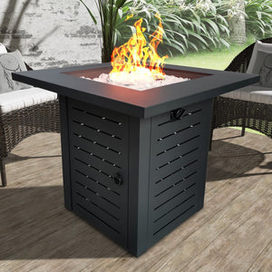 Black Slatted Metal Square Fire Pit with Glass Rocks - Montana Home & Kitchen Co.