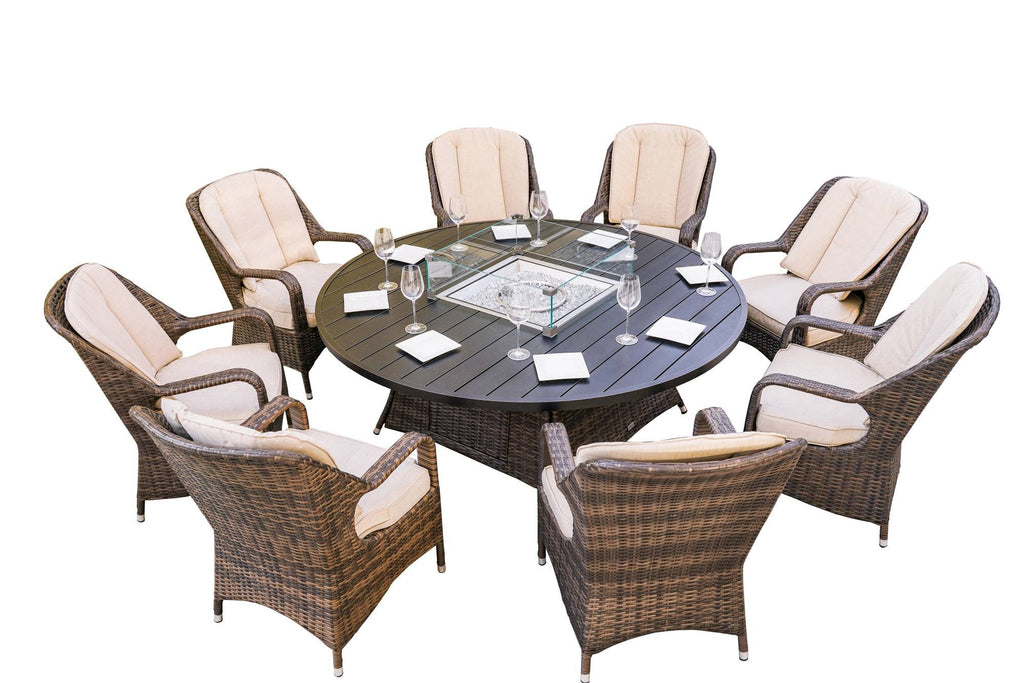 Brown Wicker Round Outdoor Fire Pit Dining Set With 8 Chairs - Montana Home & Kitchen Co.