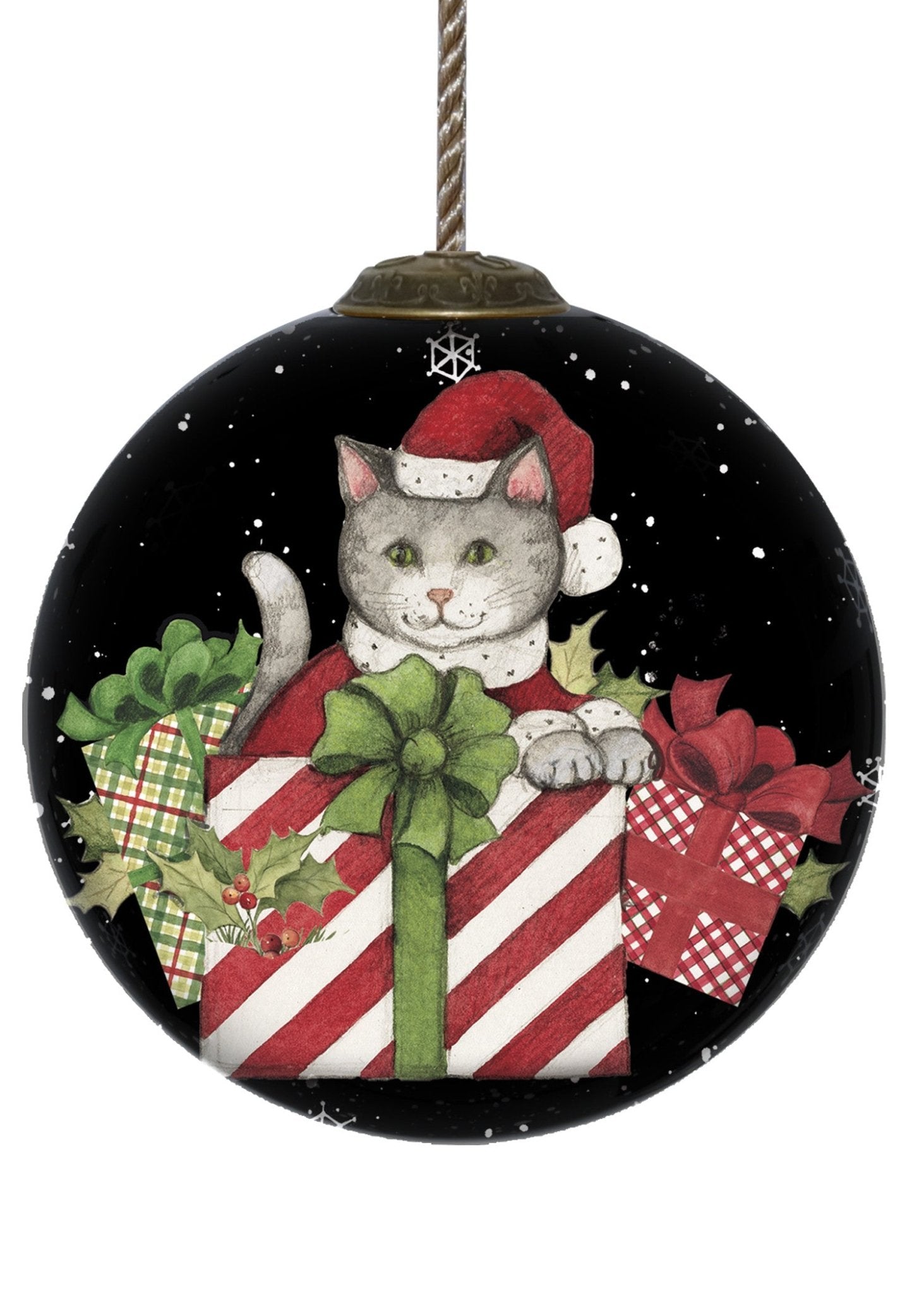 Christmas Cat with Presents Hand Painted Mouth Blown Glass Ornament - Montana Home & Kitchen Co.