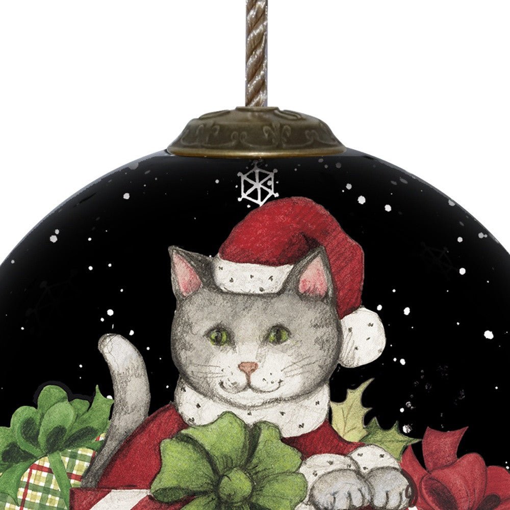 Christmas Cat with Presents Hand Painted Mouth Blown Glass Ornament - Montana Home & Kitchen Co.