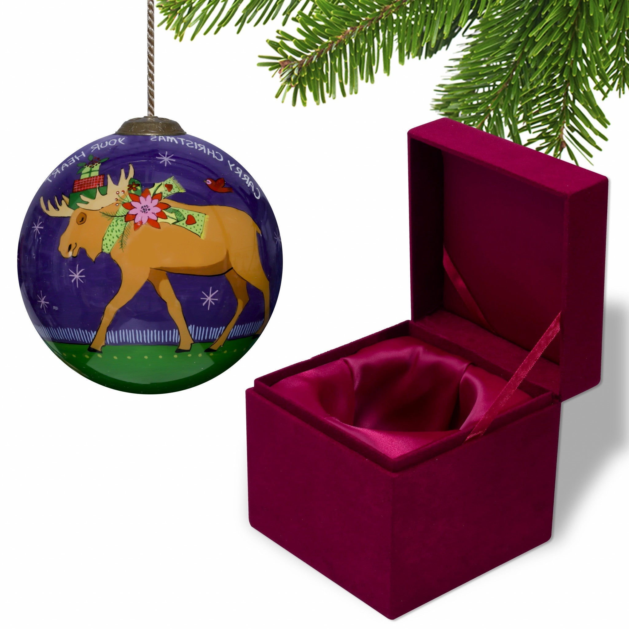 Christmas Moose Walking Hand Painted Mouth Blown Glass Ornament - Montana Home & Kitchen Co.