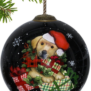 Christmas Puppy with Presents Hand Painted Mouth Blown Glass Ornament - Montana Home & Kitchen Co.