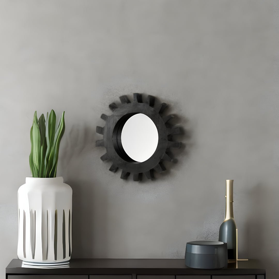 Cog 17" Round Black Wood Frame Wall Mirror - Montana Home & Kitchen Co.