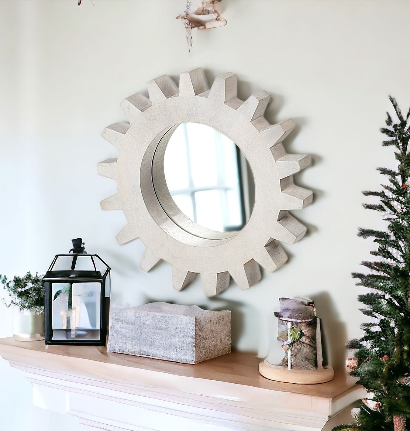 Cog 17" Round White Wood Frame Wall Mirror - Montana Home & Kitchen Co.