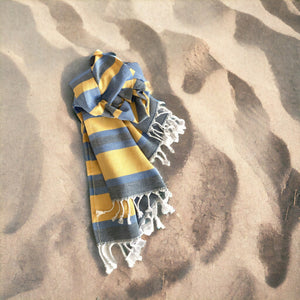 Denim Blue and Yellow Striped Turkish Towel Beach Blanket - Montana Home & Kitchen Co.