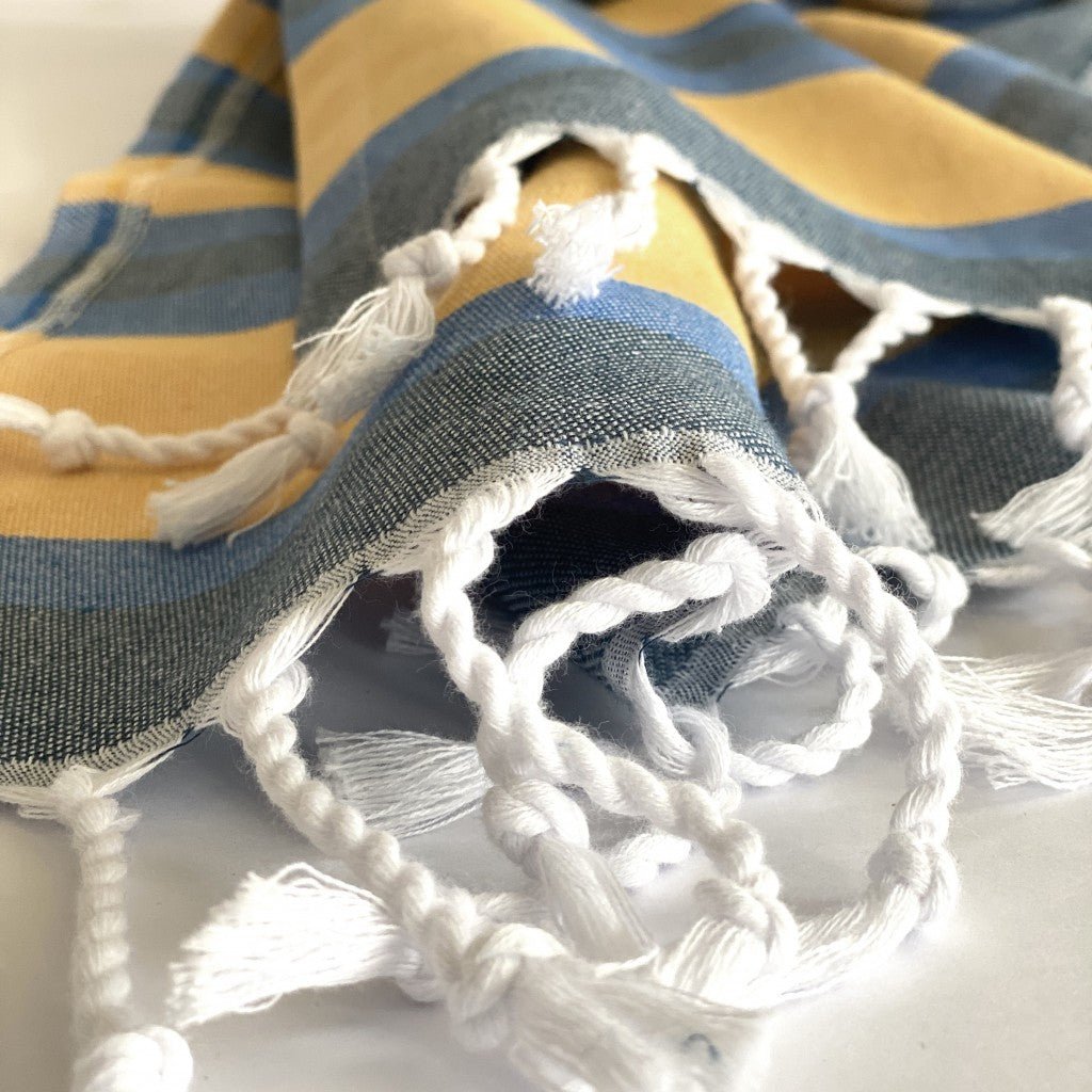 Denim Blue and Yellow Striped Turkish Towel Beach Blanket - Montana Home & Kitchen Co.