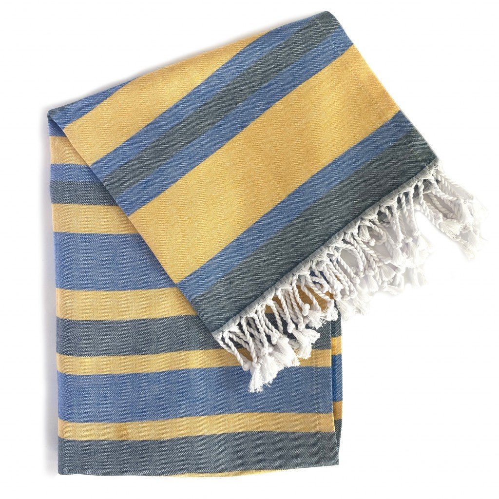 Denim Blue and Yellow Striped Turkish Towel Beach Blanket - Montana Home & Kitchen Co.