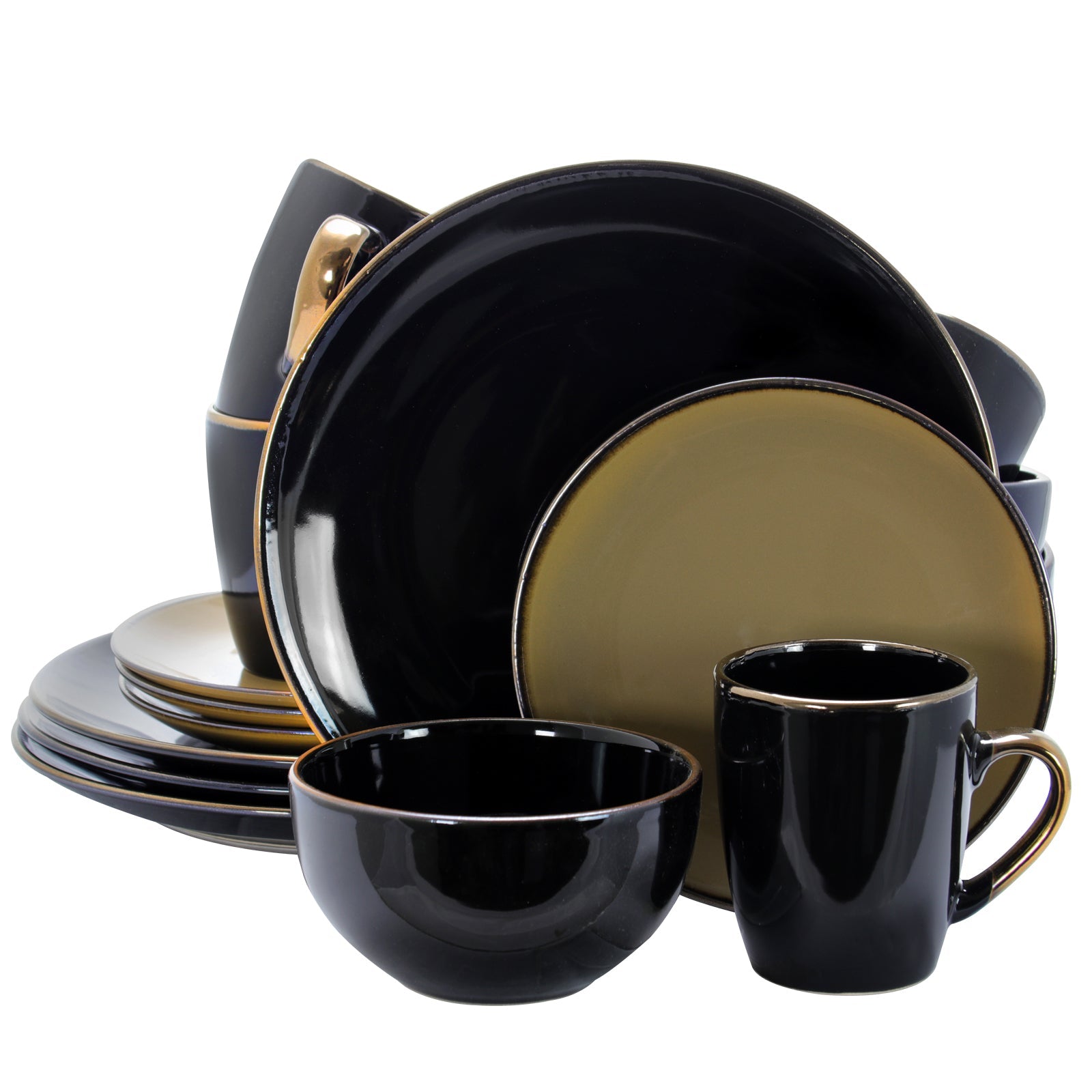 Elama Cambridge Grand 16 - Piece Dinnerware Set in Luxurious Black and Warm Taupe with Complete Setting for 4 - Montana Home & Kitchen Co.