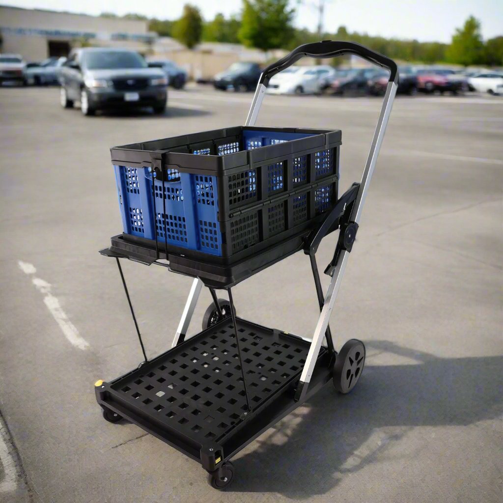 Folding service cart with wheels double - decker, shopping, library, office warehouse moving carts - Montana Home & Kitchen Co.