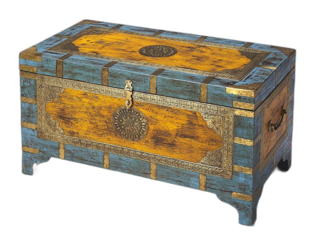 Hand Painted Brass Inlay Solid Wood Storage Trunk - Montana Home & Kitchen Co.