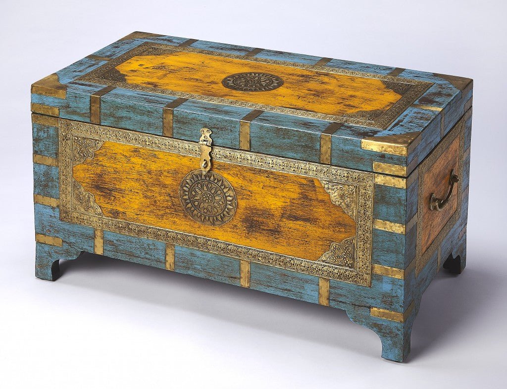 Hand Painted Brass Inlay Solid Wood Storage Trunk - Montana Home & Kitchen Co.