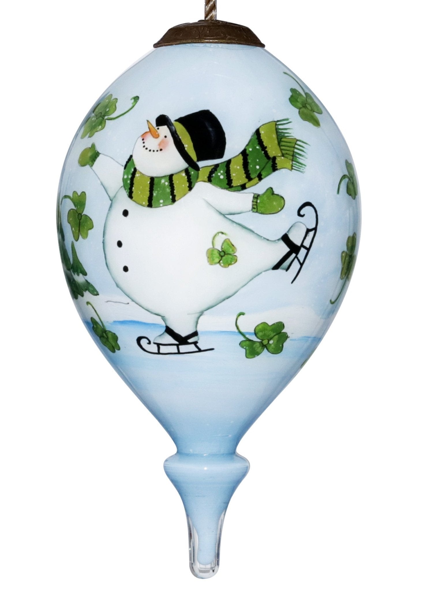 Ice Skating Shamrock Snowman Hand Painted Mouth Blown Glass Ornament - Montana Home & Kitchen Co.