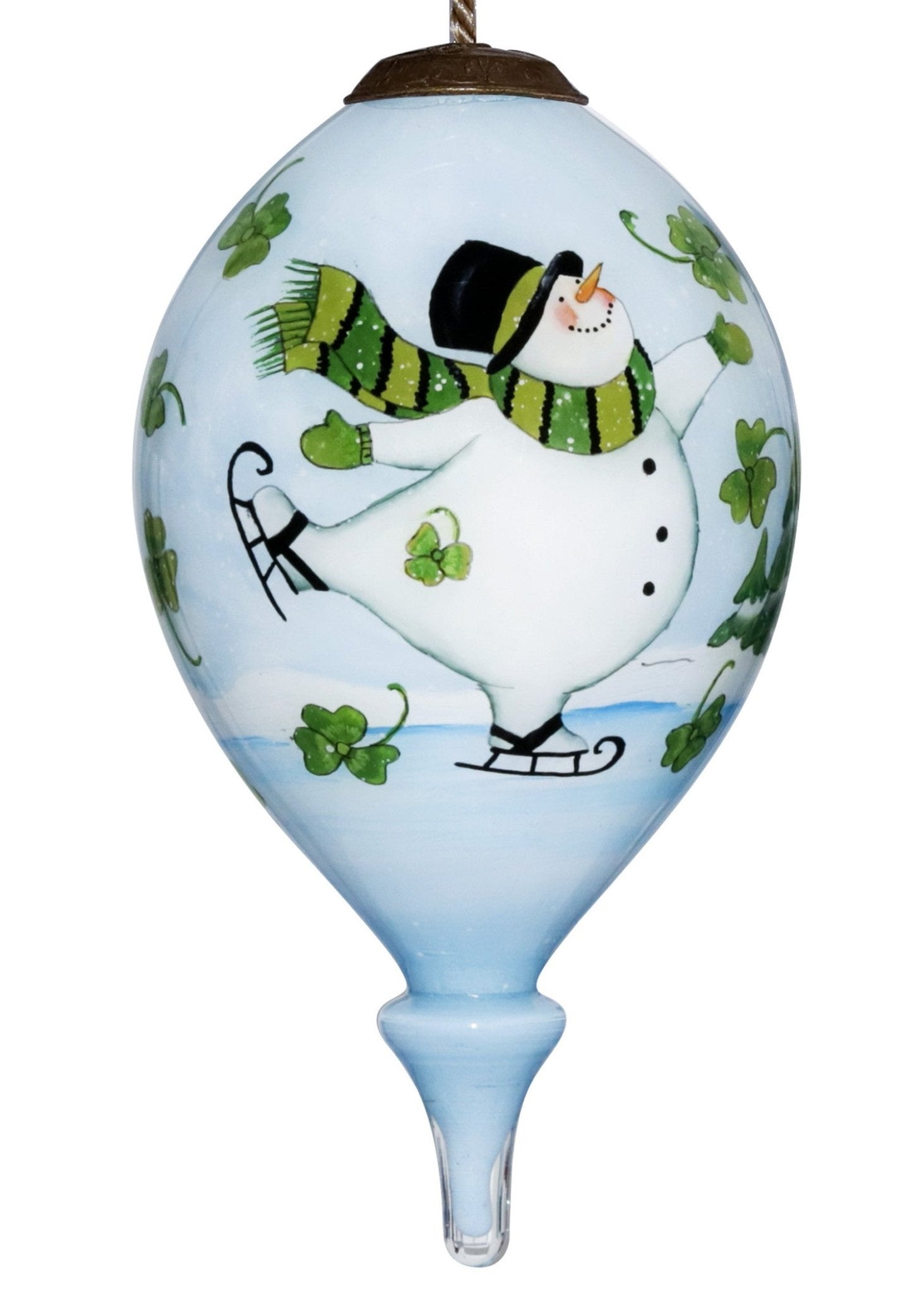 Ice Skating Shamrock Snowman Hand Painted Mouth Blown Glass Ornament - Montana Home & Kitchen Co.