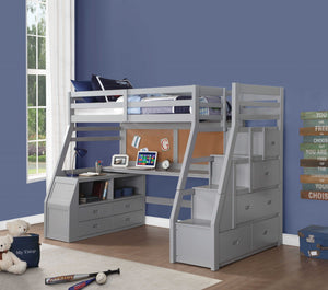 Loft Bed & Desk Twin Size Gray Finish Pine Wood - Montana Home & Kitchen Co.