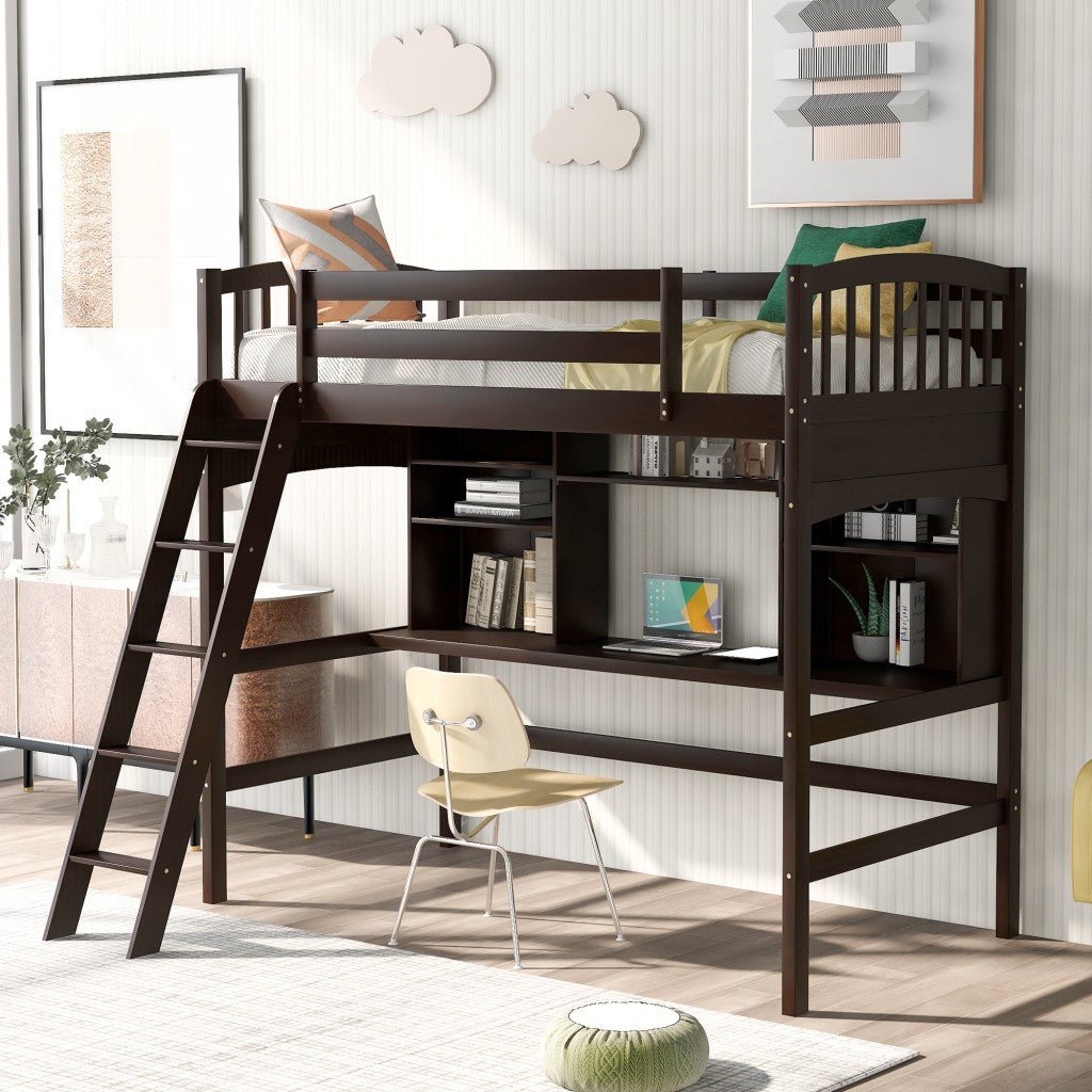 Loft Bed with Desk and Shelves (Twin Size/ Brown) - Montana Home & Kitchen Co.