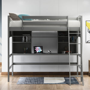 Loft Bed with Desk and Shelves (Twin Size /Gray) - Montana Home & Kitchen Co.