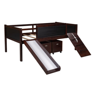 Loft Bed with Slide and Storage Boxes / Twin Size/ Climbing Frame / Dark Brown - Montana Home & Kitchen Co.