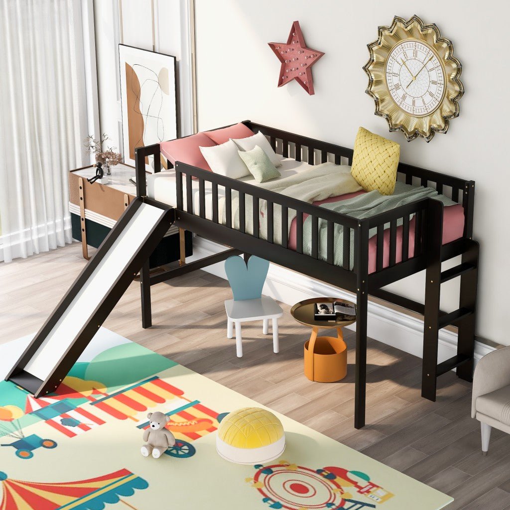 Loft Bed with Slide (Dark Brown Twin Size) - Montana Home & Kitchen Co.