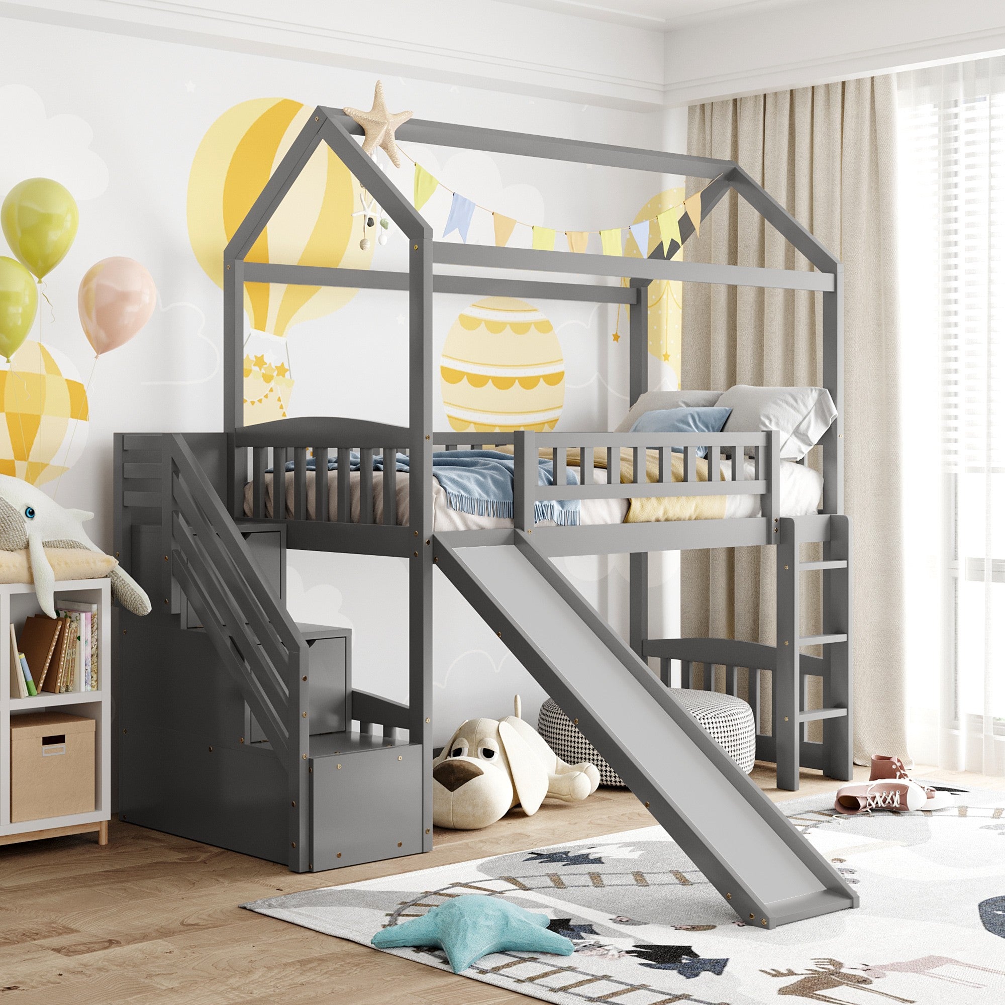 Loft Playhouse Bed With Drawers and Slide /Twin Size /Gray - Montana Home & Kitchen Co.