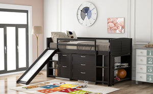 Low Loft Bed With Cabinets and Slide (Brown Twin Size) - Montana Home & Kitchen Co.