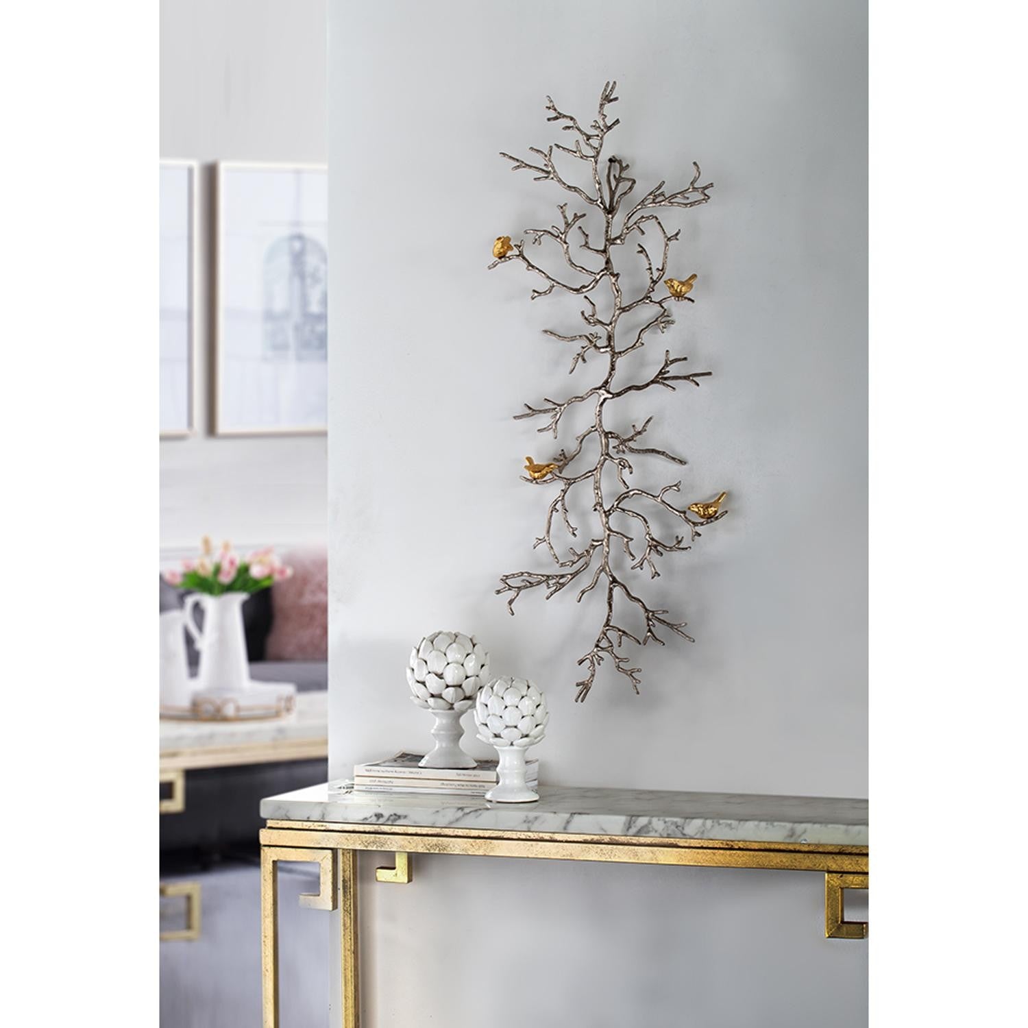 Modern 44" Silver Branch and Golden Birds Wall Art - Montana Home & Kitchen Co.