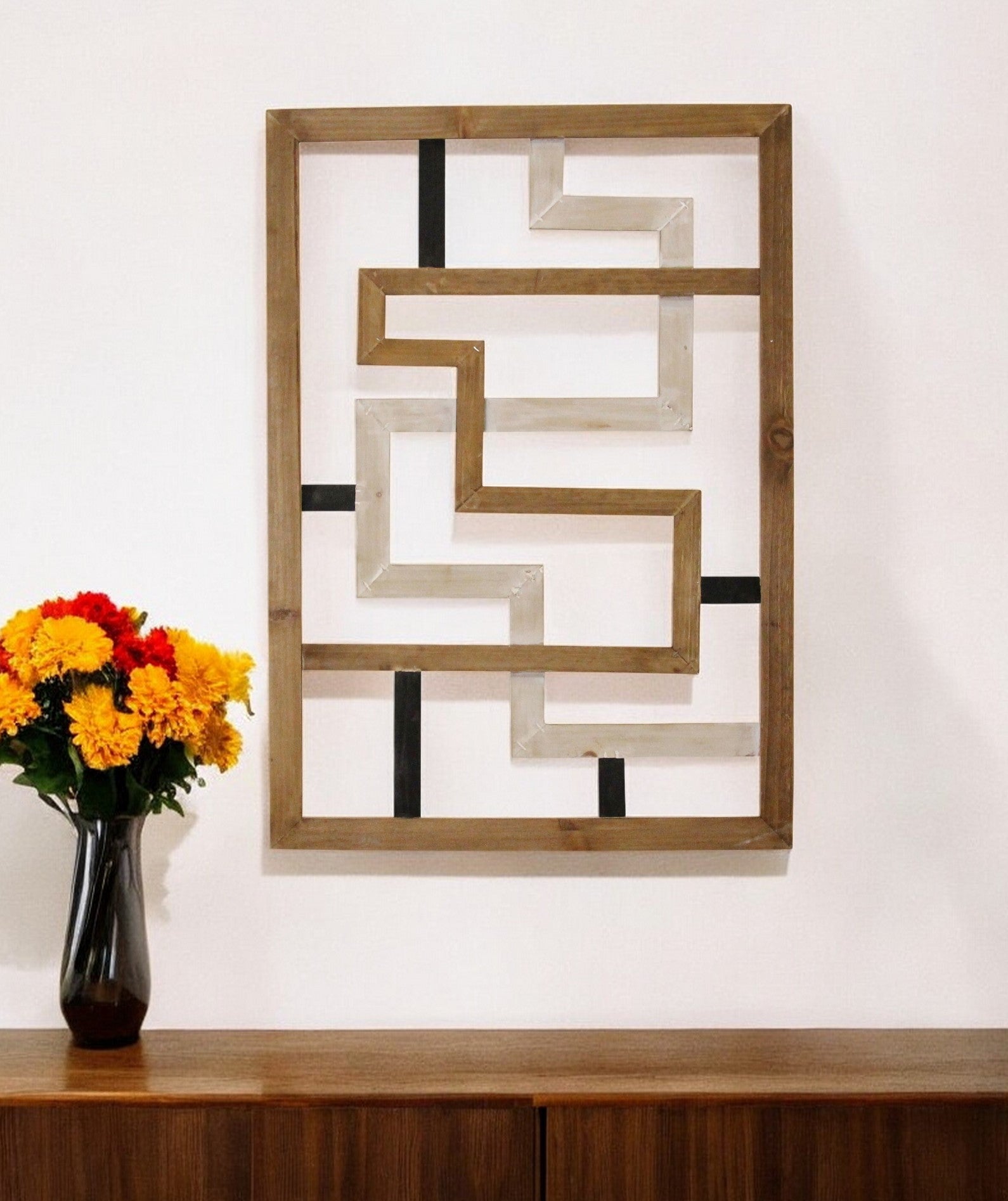 Modern Maze Natural White And Black Wood Panel Wall Art - Montana Home & Kitchen Co.