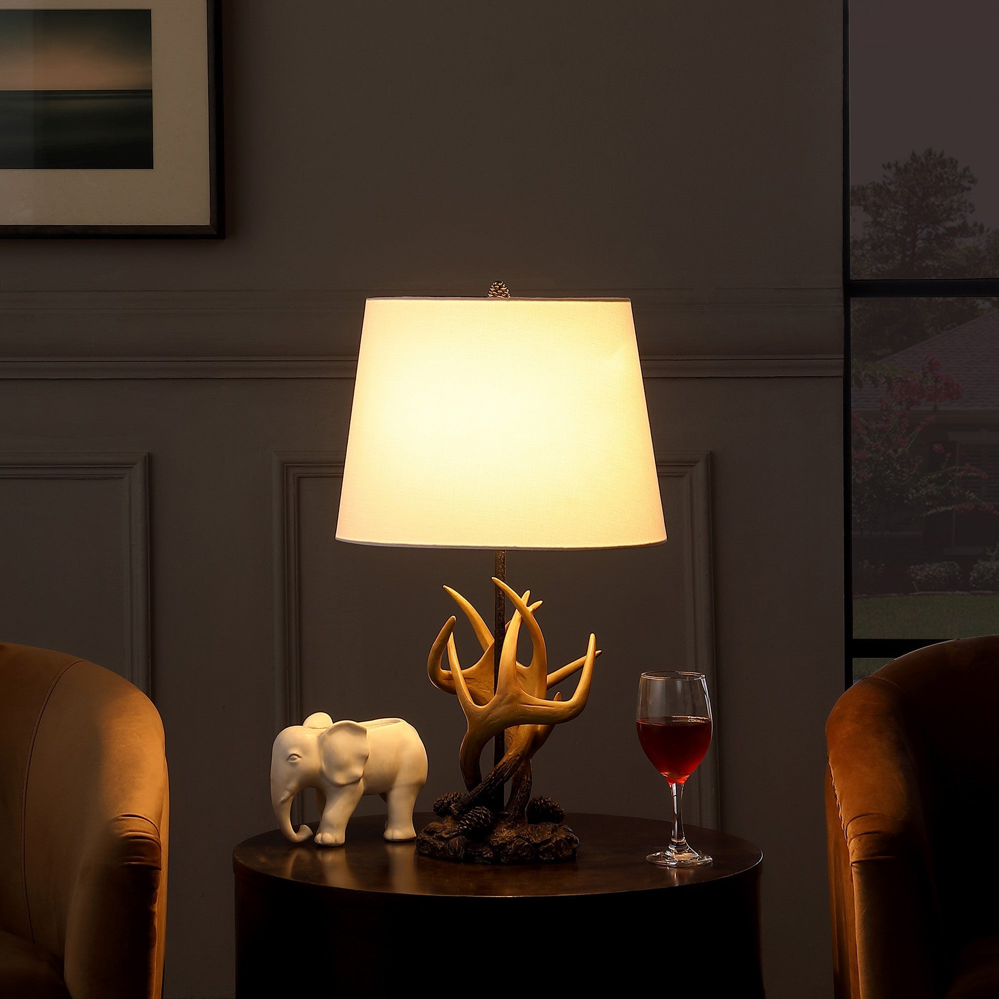 Natural And Brown Antlers Table Lamp With White Shade, 26" - Montana Home & Kitchen Co.