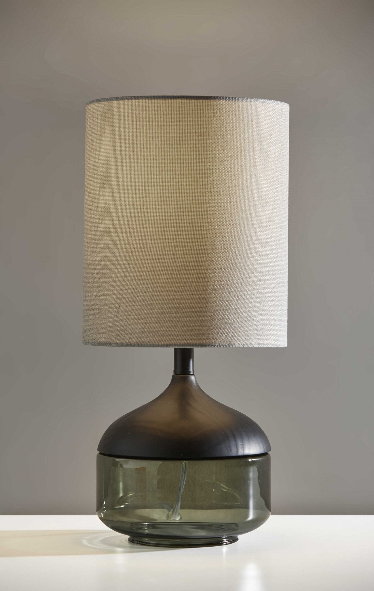 Petite Black Wood Smoked Glass Base With Lightly Textured Round Shade Table Lamp - Montana Home & Kitchen Co.