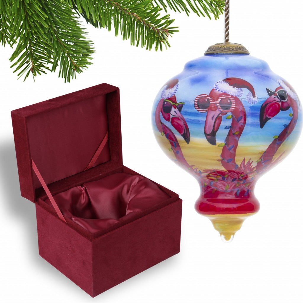 Pink Christmas Flamingos Hand Painted Mouth Blown Glass Ornament - Montana Home & Kitchen Co.