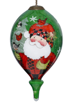 Plaid Santa with Cardinals Hand Painted Mouth Blown Glass Ornament - Montana Home & Kitchen Co.