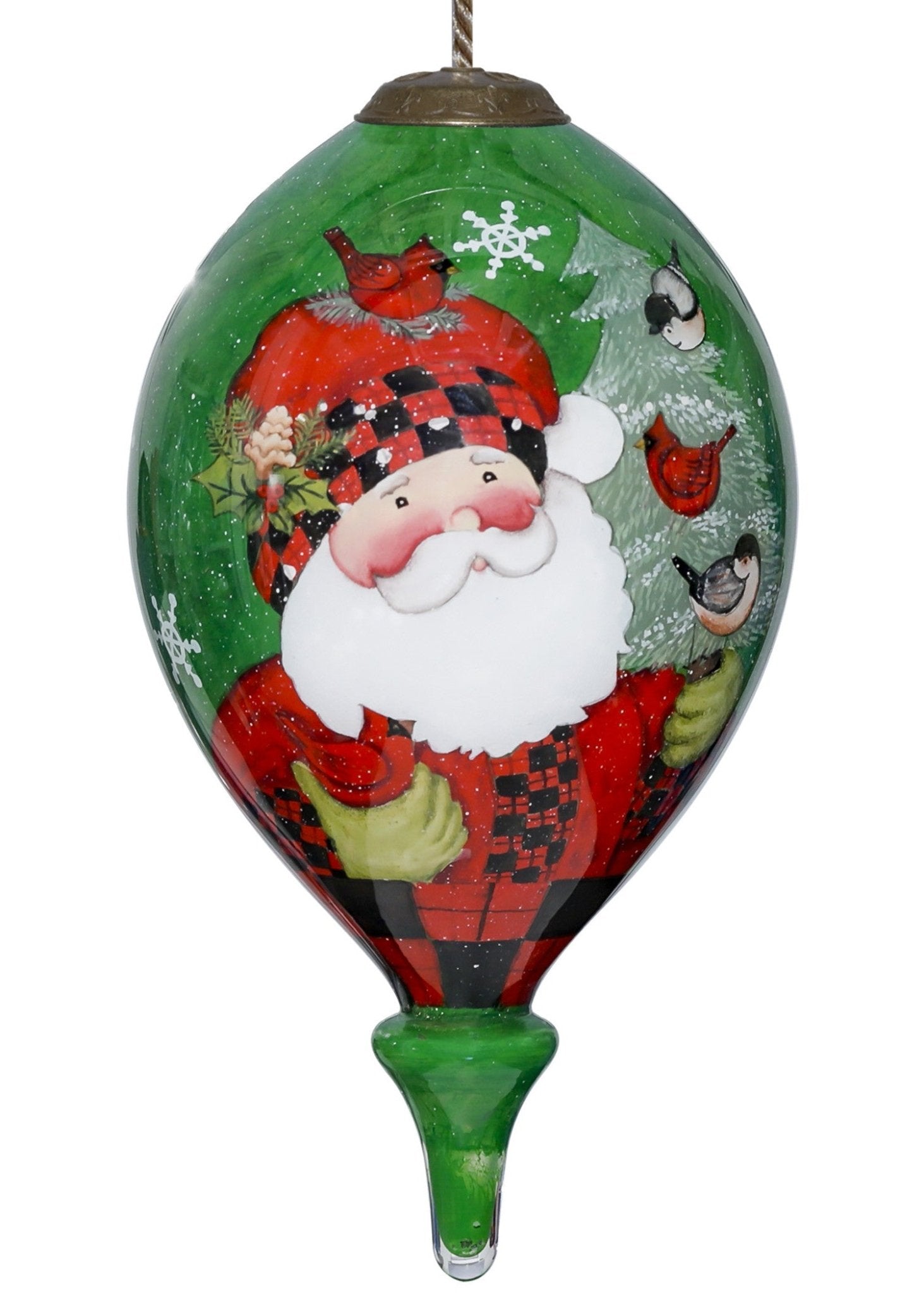 Plaid Santa with Cardinals Hand Painted Mouth Blown Glass Ornament - Montana Home & Kitchen Co.