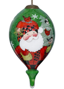 Plaid Santa with Cardinals Hand Painted Mouth Blown Glass Ornament - Montana Home & Kitchen Co.