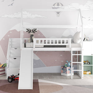 Playhouse Loft Bed With Drawers and Slide (White Twin Size) - Montana Home & Kitchen Co.